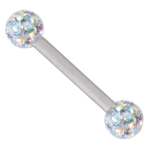 Barbell in titanio argento con cristalli colorati Aurora Boreale su entrambe le estremità su sfondo bianco