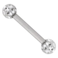 Piercing in titanio argento con cristalli Barbell piercing argento con sfere di cristallo scintillanti su sfondo bianco