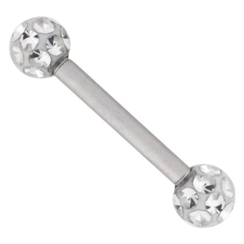 Barbell piercing argento con sfere di cristallo scintillanti su sfondo bianco