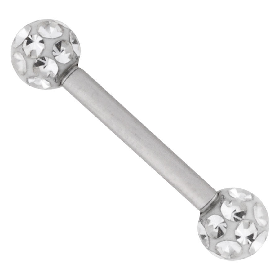 Piercing in titanio argento con cristalli Barbell piercing argento con sfere di cristallo scintillanti su sfondo bianco
