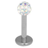 Labret in titanio argento con cristallo Aurora Boreale da 3,0 mm su sfondo bianco
