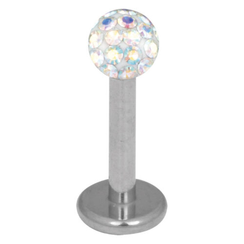 Labret in titanio argento con cristallo Aurora Boreale da 3,0 mm su sfondo bianco