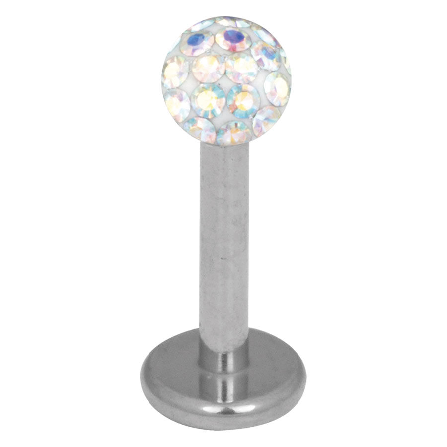 Labret in titanio argento con cristallo Aurora Boreale da 3,0 mm su sfondo bianco