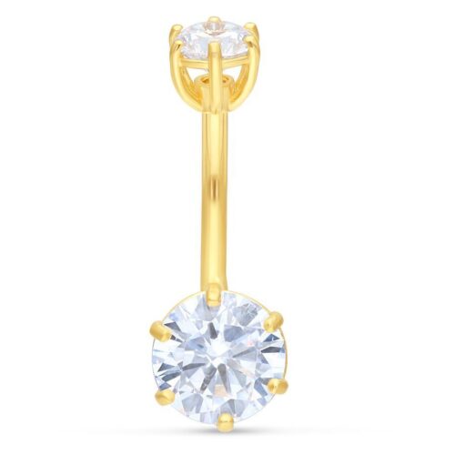 Bananabell dorato in 18K con due cristalli chiari su sfondo bianco