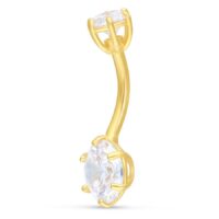 Bananabell in oro 18K con due cristalli chiari su sfondo bianco