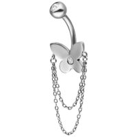 Banana bell argentato con pendente a farfalla e catene su sfondo bianco