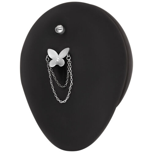 Bananabell argentato con farfalla e catene su sfondo nero