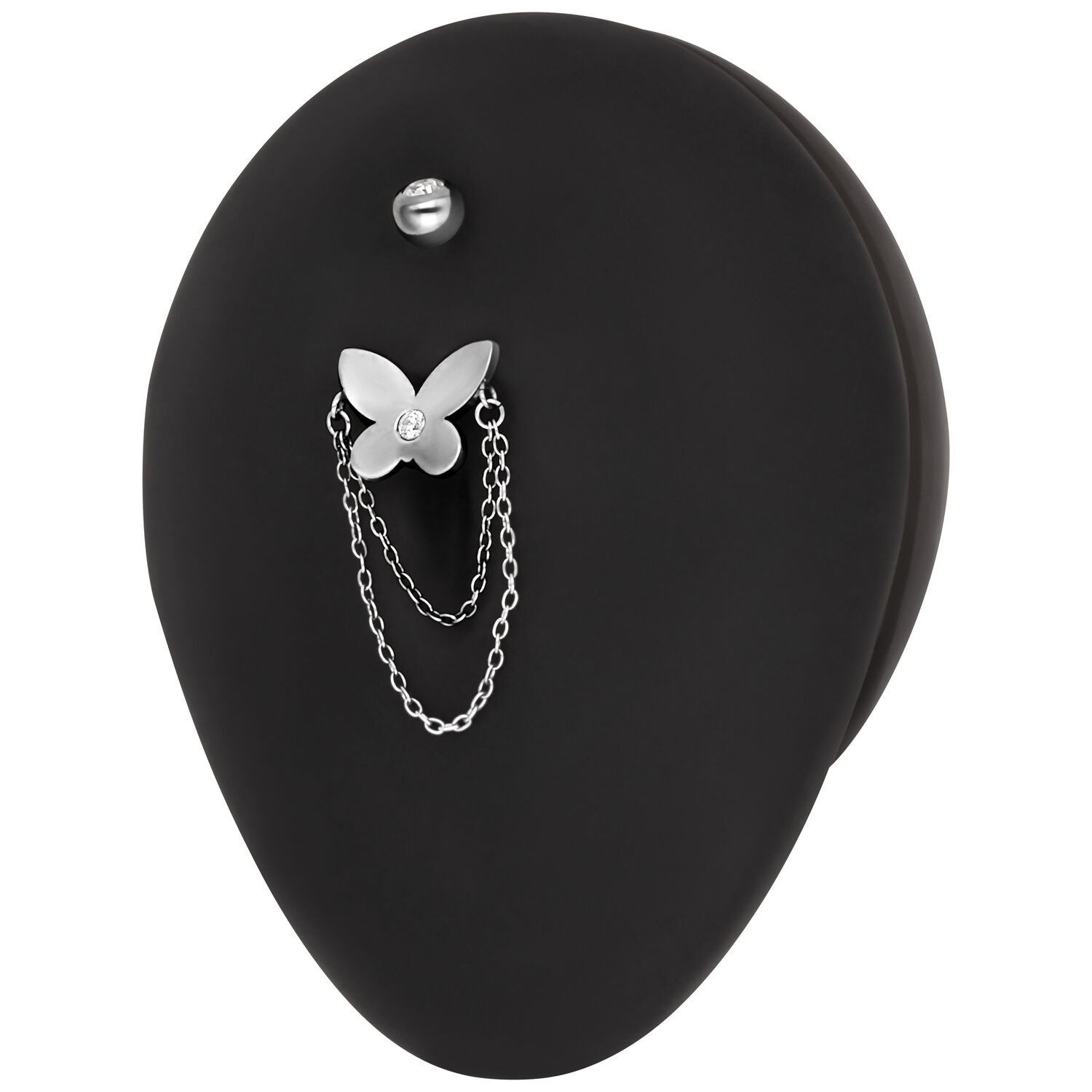 Bananabell argentato con farfalla e catene su sfondo nero