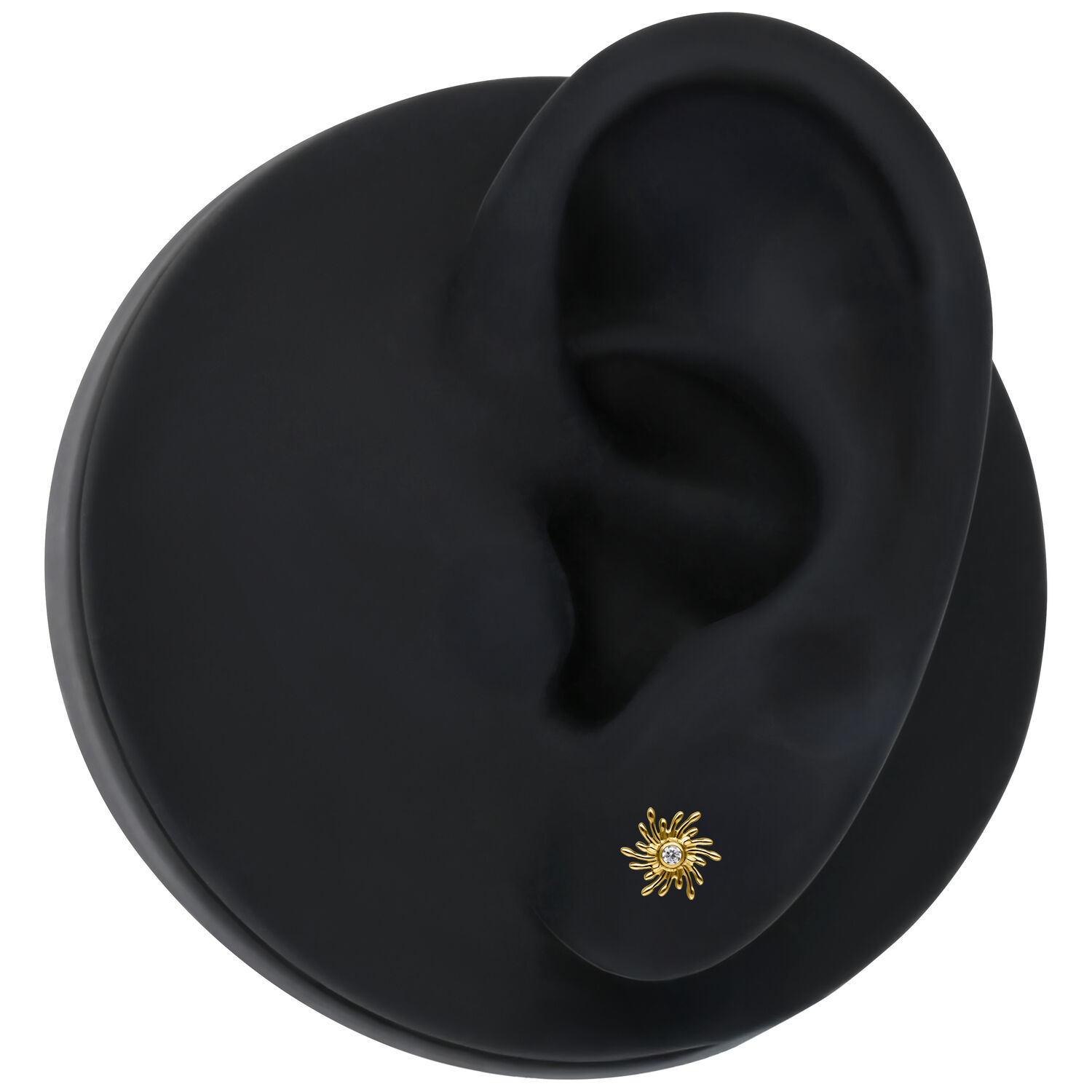 Inserto Sunburst dorato Push Fit - Titanio Inserto Sunburst dorato su modello di orecchio nero in titanio