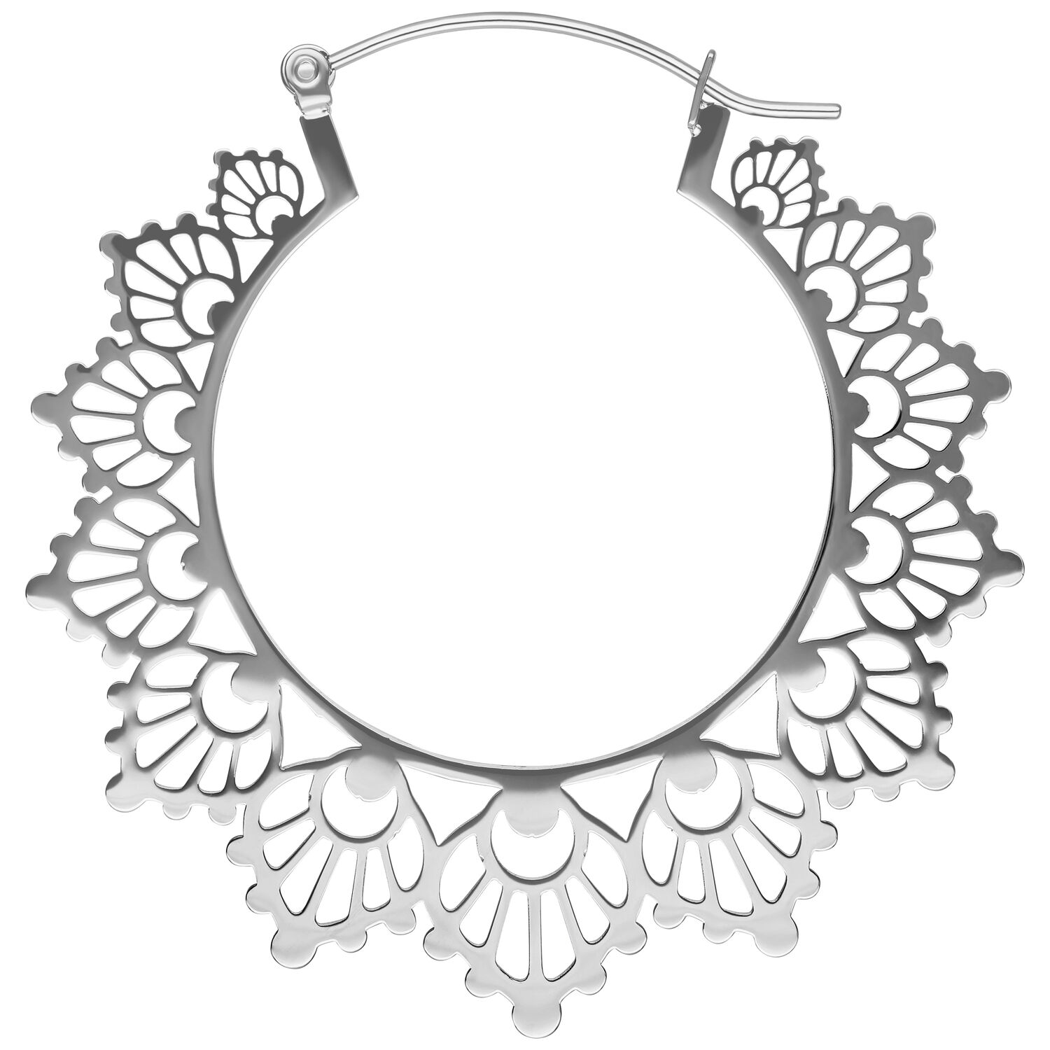 Orecchino a cerchio argento con motivo a girasole su sfondo bianco