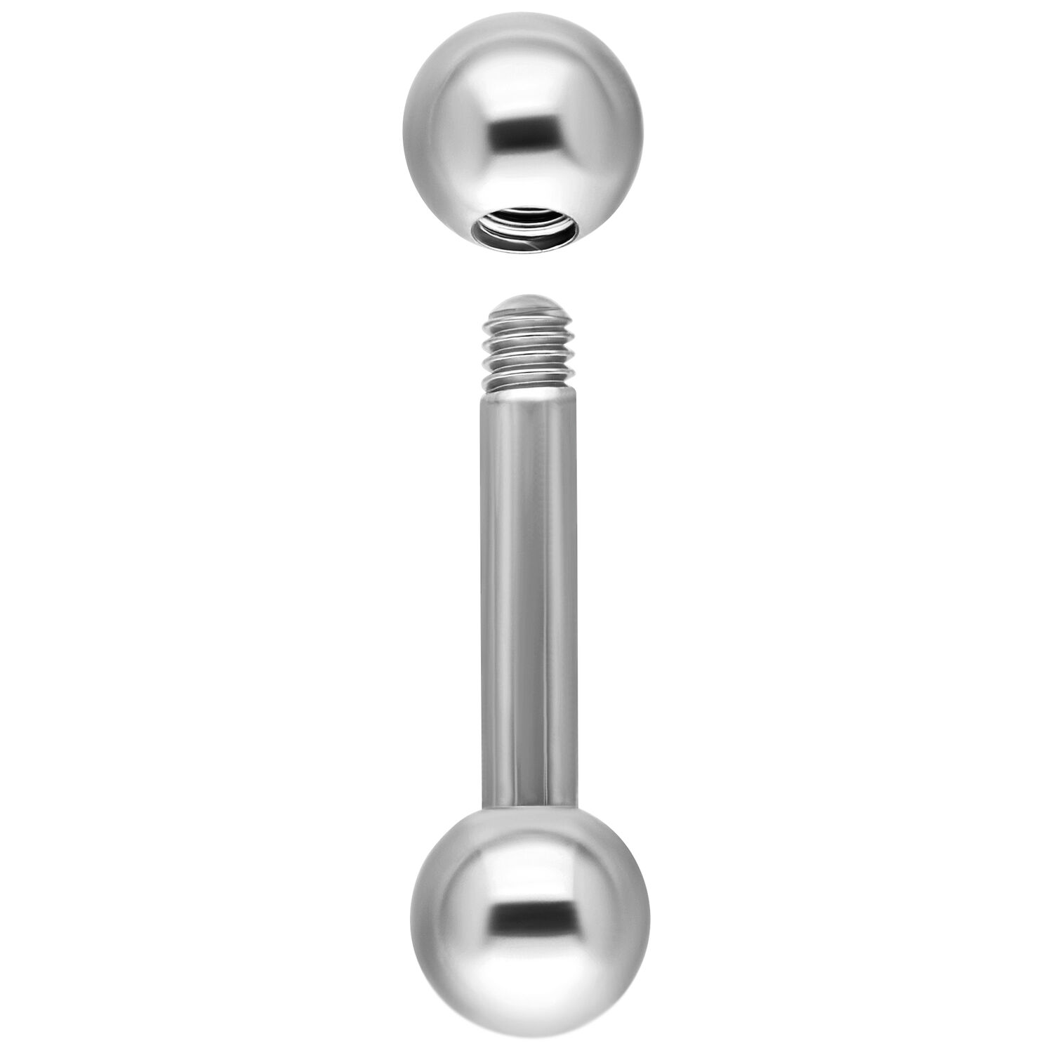Barbell in titanio argento 1,6 mm x 20 mm Barbell in titanio argento con filettatura esterna, sfere sopra e sotto, su sfondo bianco.