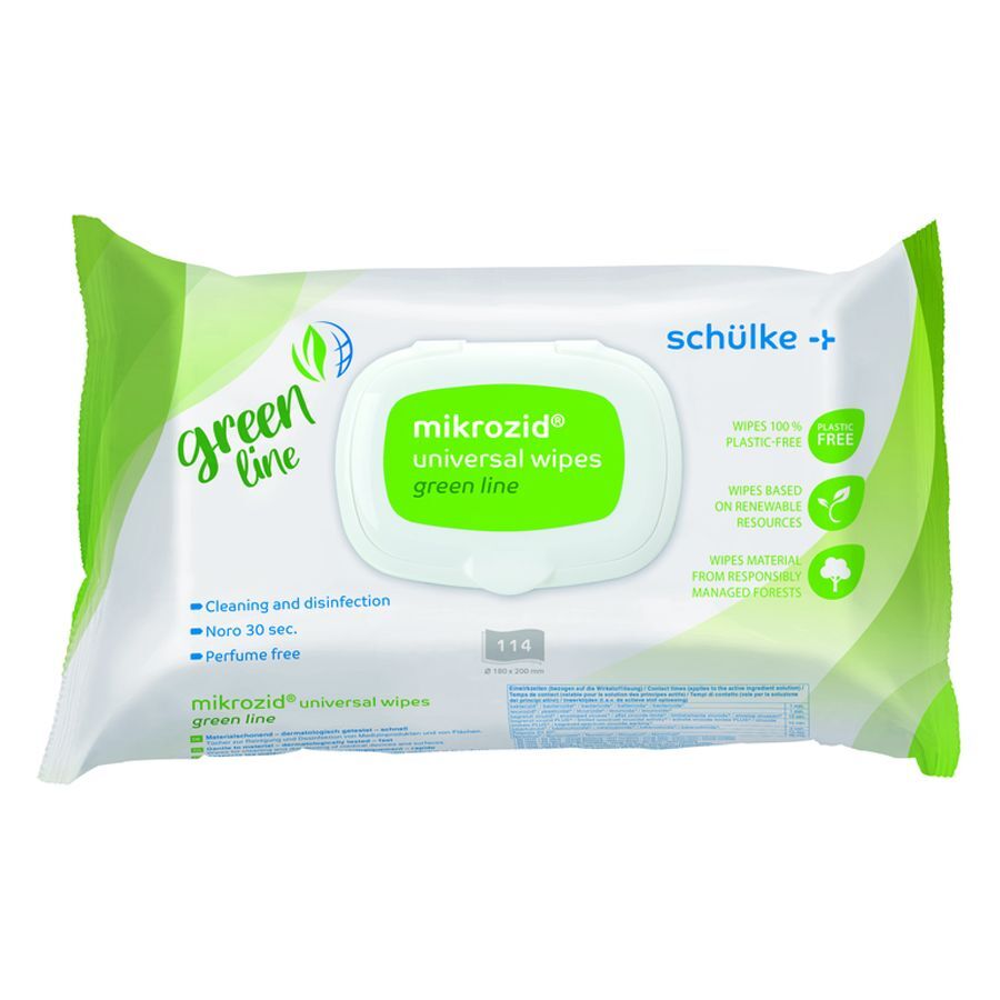 Confezione di Mikrozid Universal Wipes Green Line su sfondo bianco