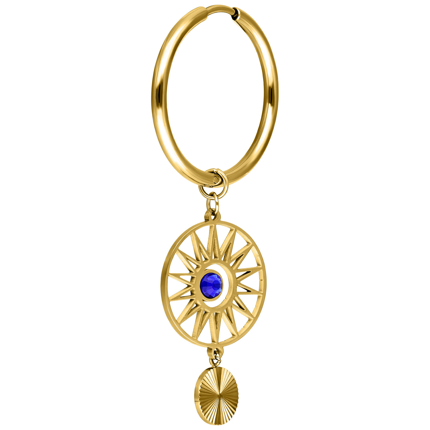 Creole dorate con pendente di cristallo blu su sfondo bianco