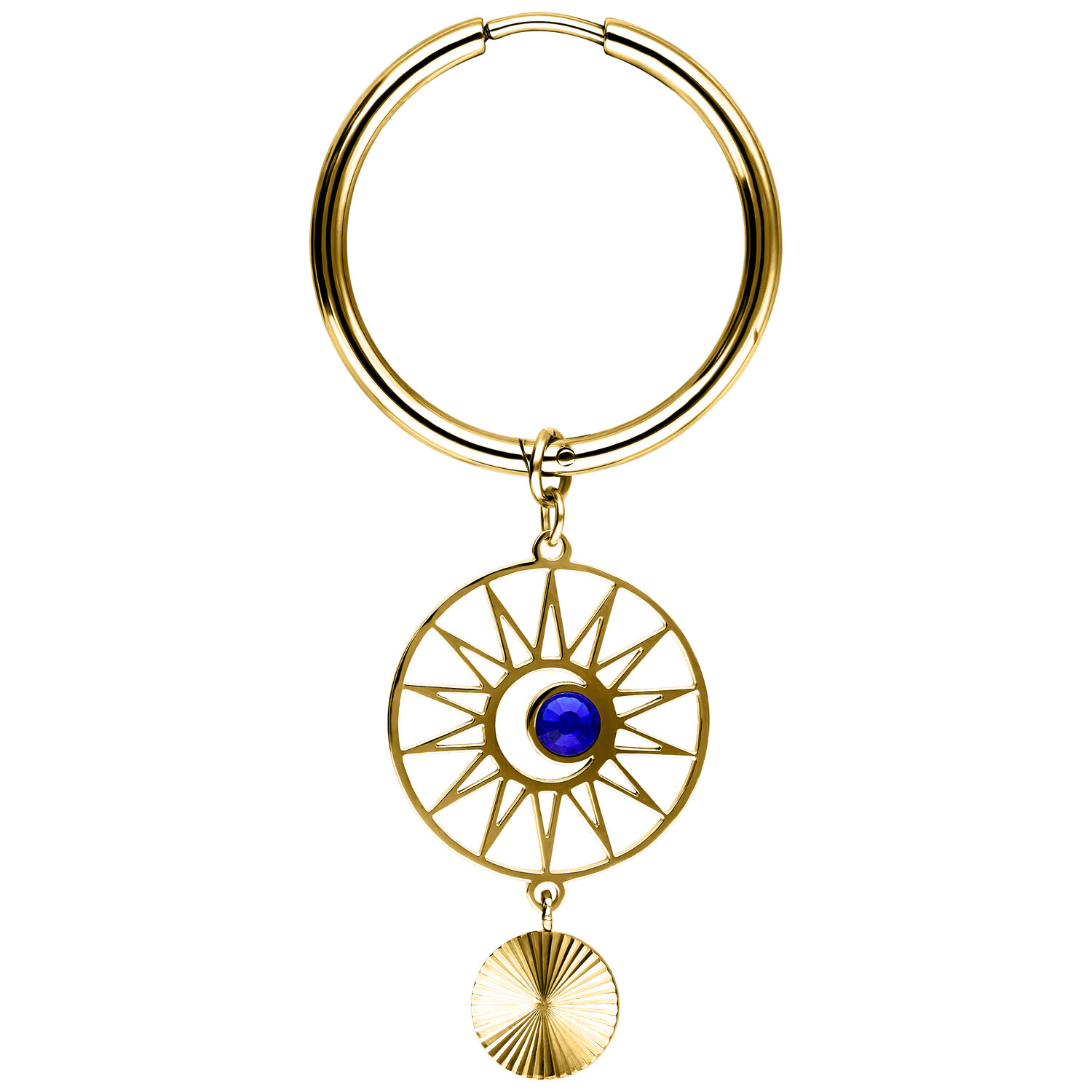 Orecchini dorati con cristallo blu scuro su sfondo bianco