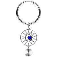 Creole d'argento con cristallo blu scuro e motivo solare su sfondo bianco