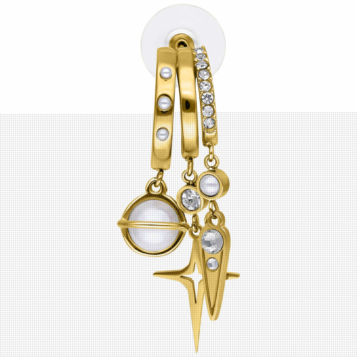 Orecchini Pearl Starlight dorati Orecchini dorati con perle e cristalli scintillanti su sfondo bianco
