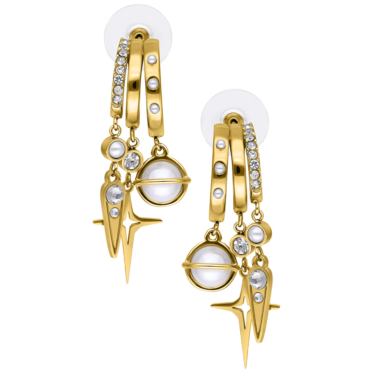 Orecchini Pearl Starlight dorati con strass Orecchini dorati con perle e strass su sfondo bianco