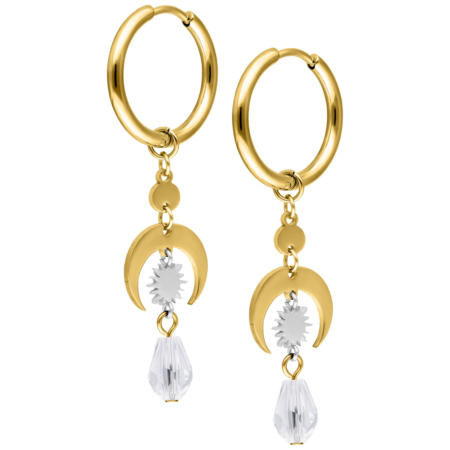 Cerchi d'oro con pendente di cristallo e design a mezzaluna su sfondo bianco