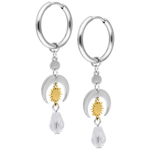 Orecchini in acciaio inossidabile argento con dettagli dorati e pendente di cristallo