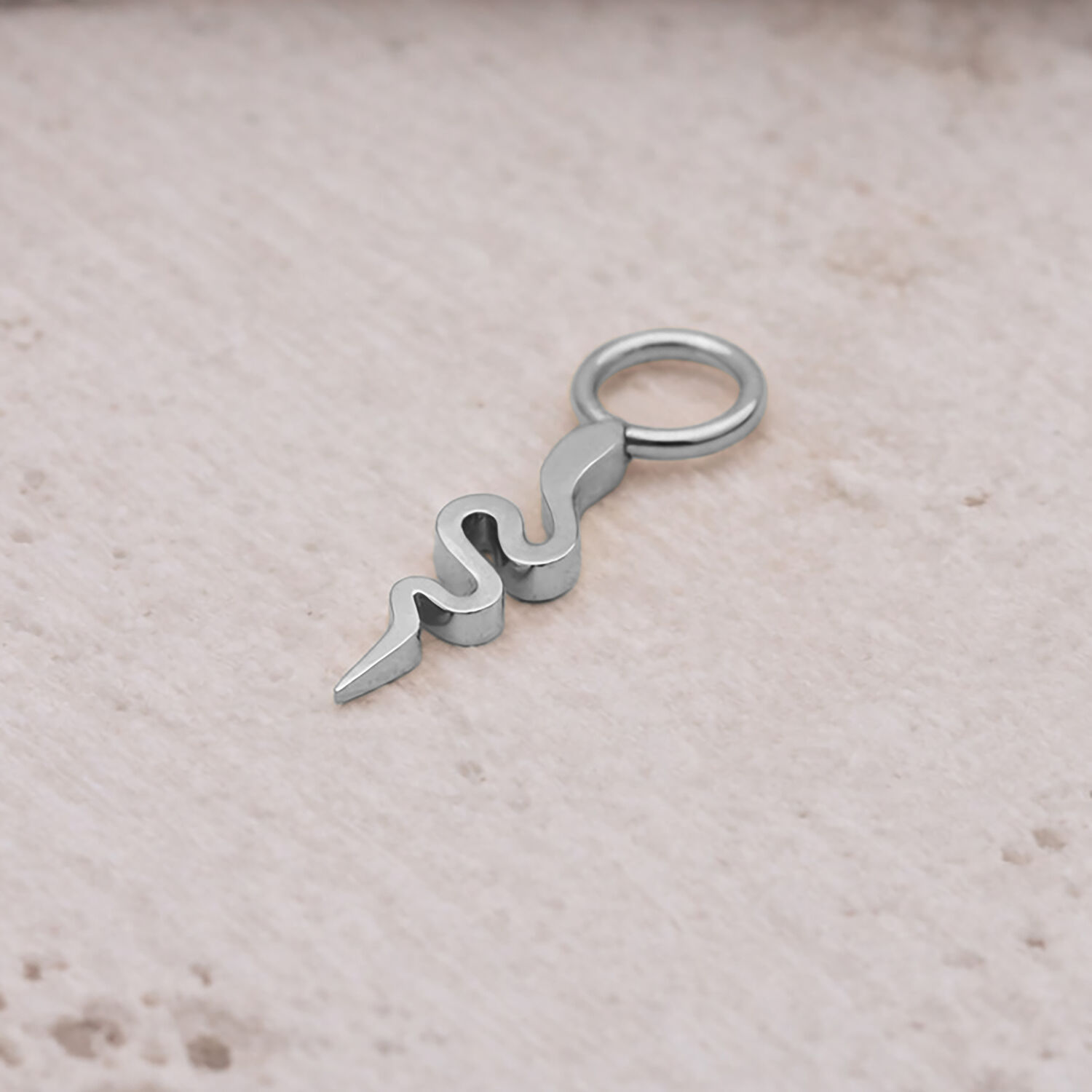 Pendente a serpente in acciaio chirurgico argentato su sfondo chiaro