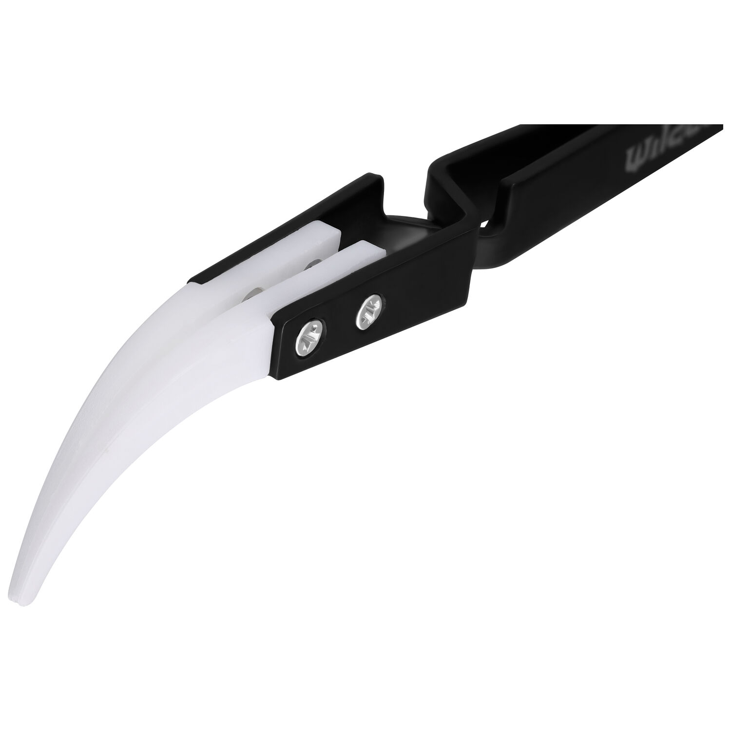Pinza nera con punta in ceramica bianca curva su sfondo bianco