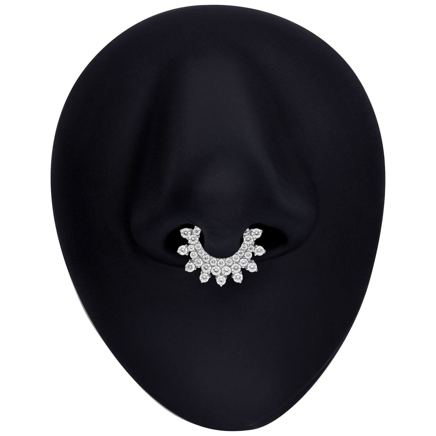 Clicker per setto nasale argento con cristalli scintillanti su sfondo nero
