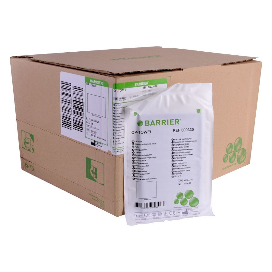 Barrier OP Tuch Box con confezione Scatola di cartone marrone con confezione di Barrier OP Tuch davanti su sfondo bianco