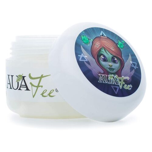 Barattolo bianco Auafee Premium Skincare con coperchio aperto e illustrazione colorata