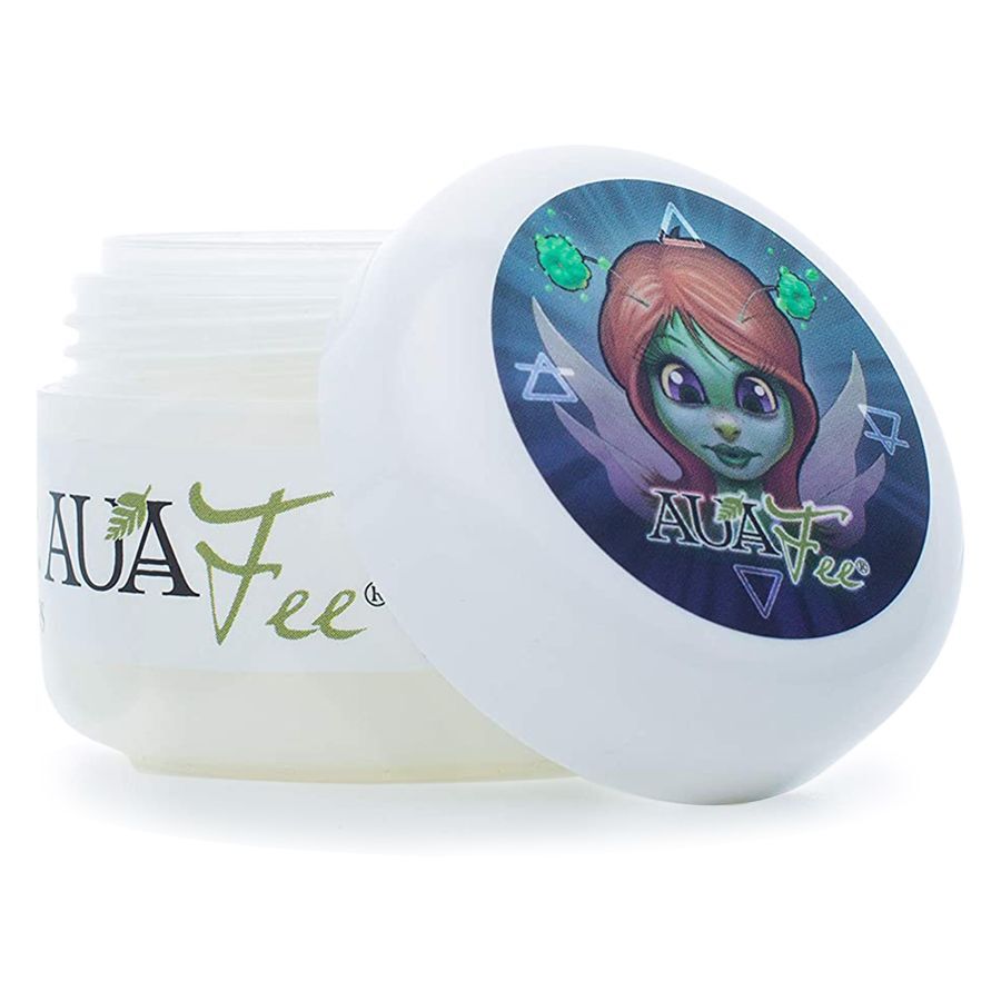 Auafee Crema Premium per Tatuaggi 30 ml Barattolo bianco Auafee Premium Skincare con coperchio aperto e illustrazione colorata