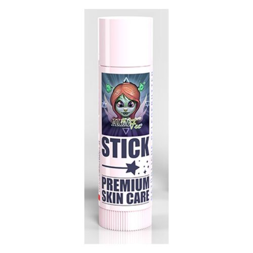 Stick bianco per la cura della pelle di Auafee con grafica cartoon colorata su sfondo studio