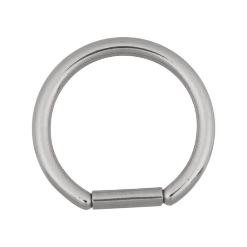 Anello segmentato rotondo in acciaio chirurgico argento su sfondo bianco