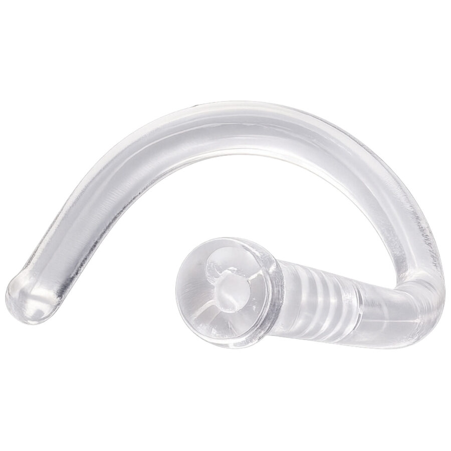 Piercing al naso trasparente con disco bianco su sfondo bianco