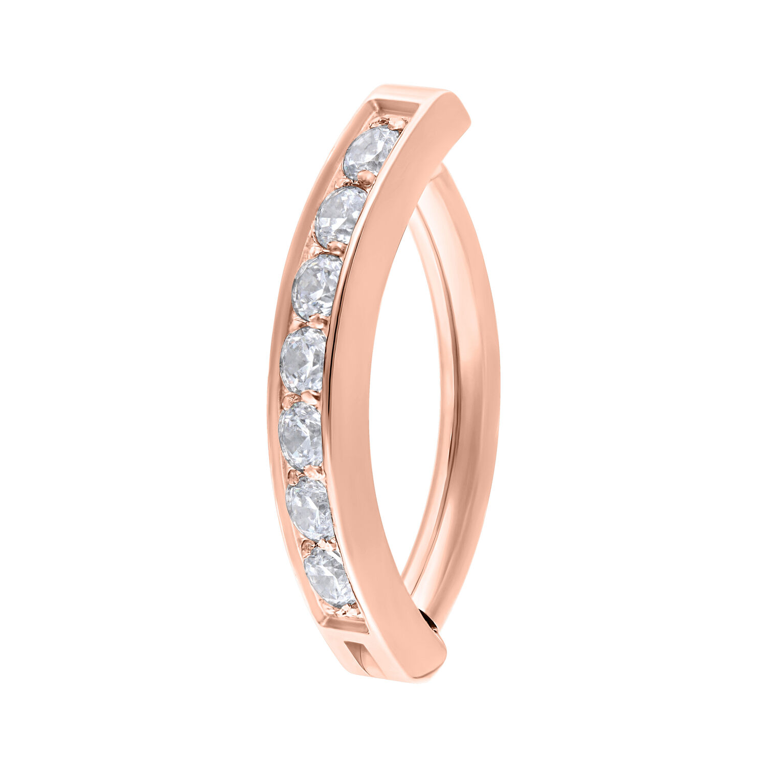 Clicker per ombelico in oro rosa con cristalli chiari su sfondo bianco