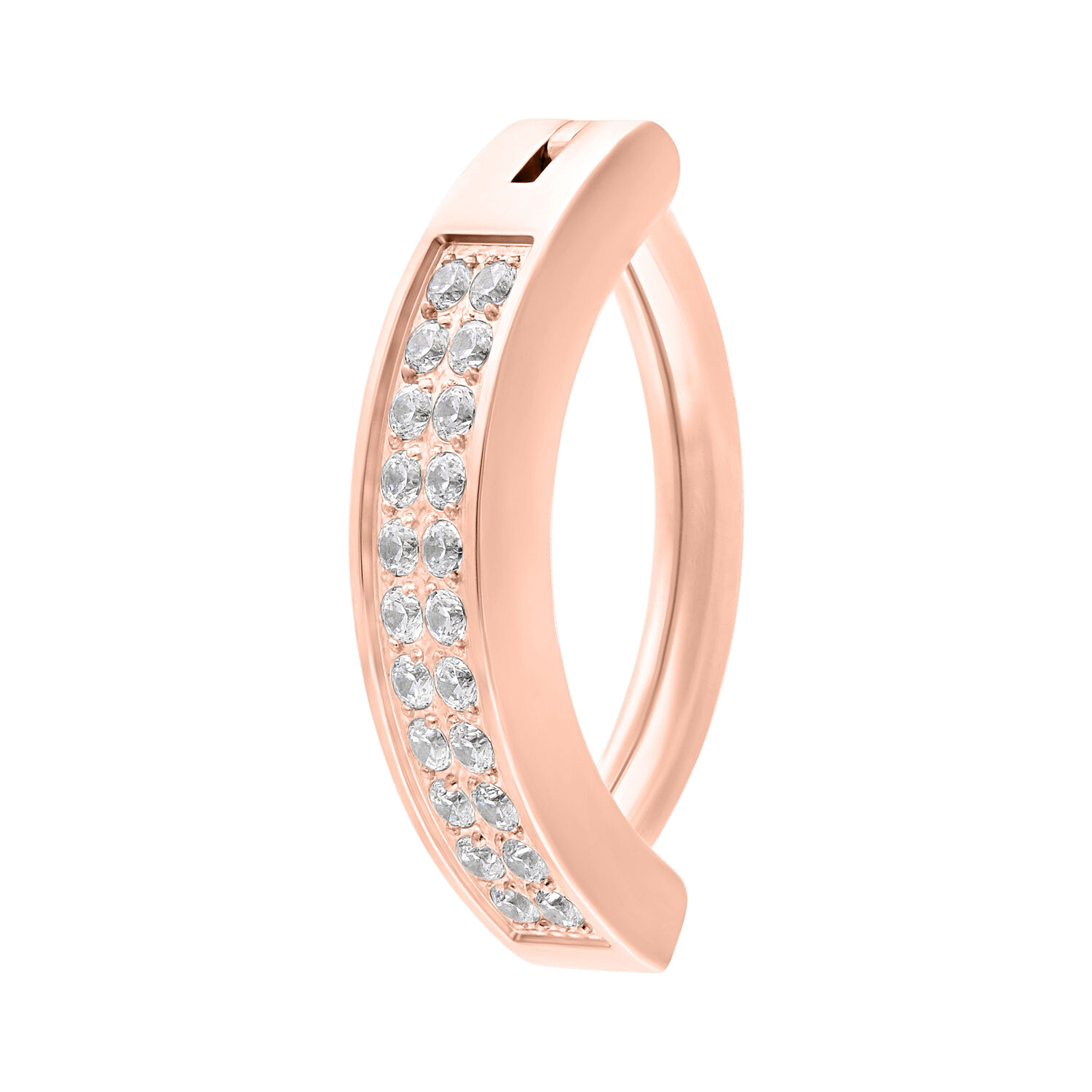 Clicker per ombelico in oro rosa con doppia fila di cristalli su sfondo bianco