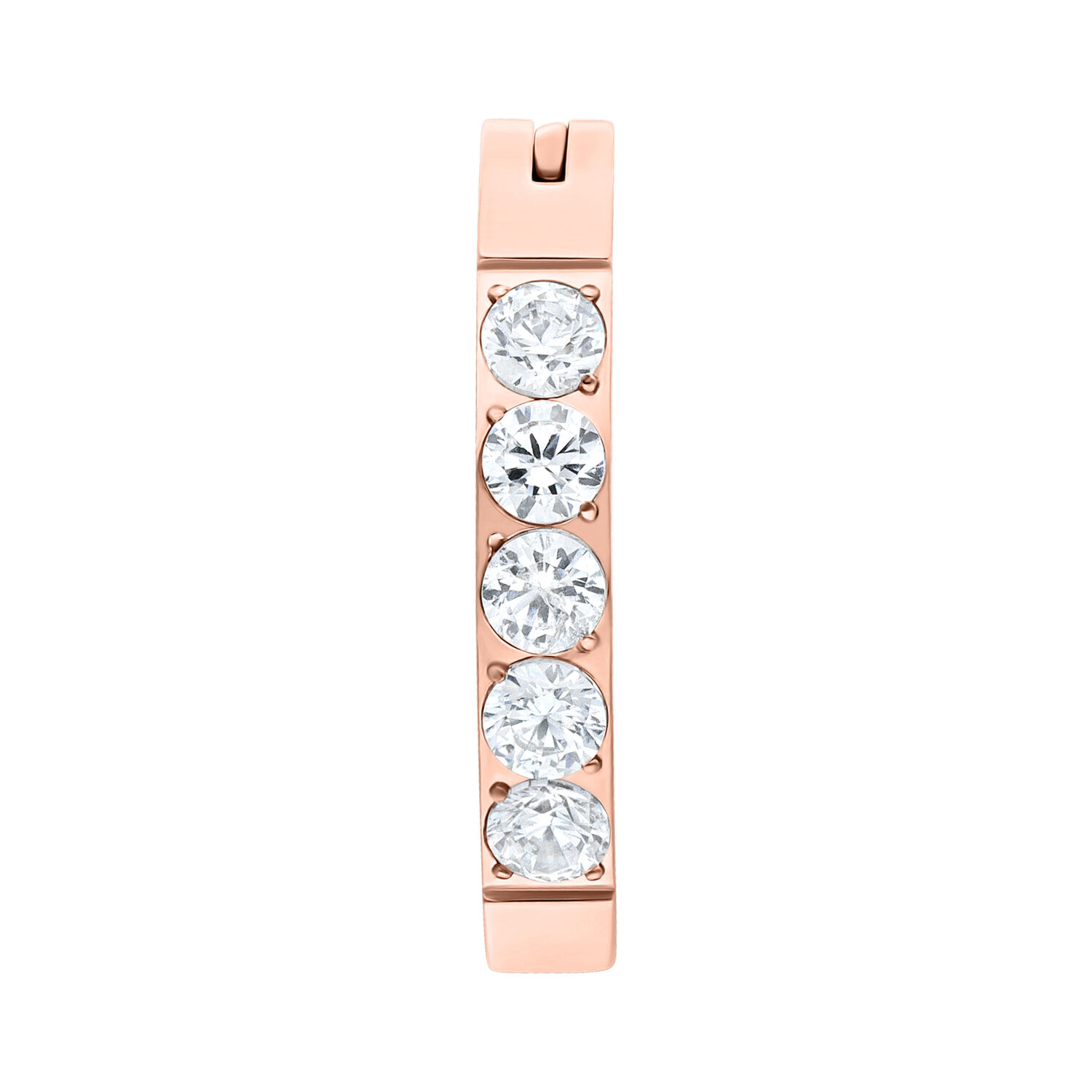 Clicker per ombelico in oro rosa con cinque cristalli chiari su sfondo bianco