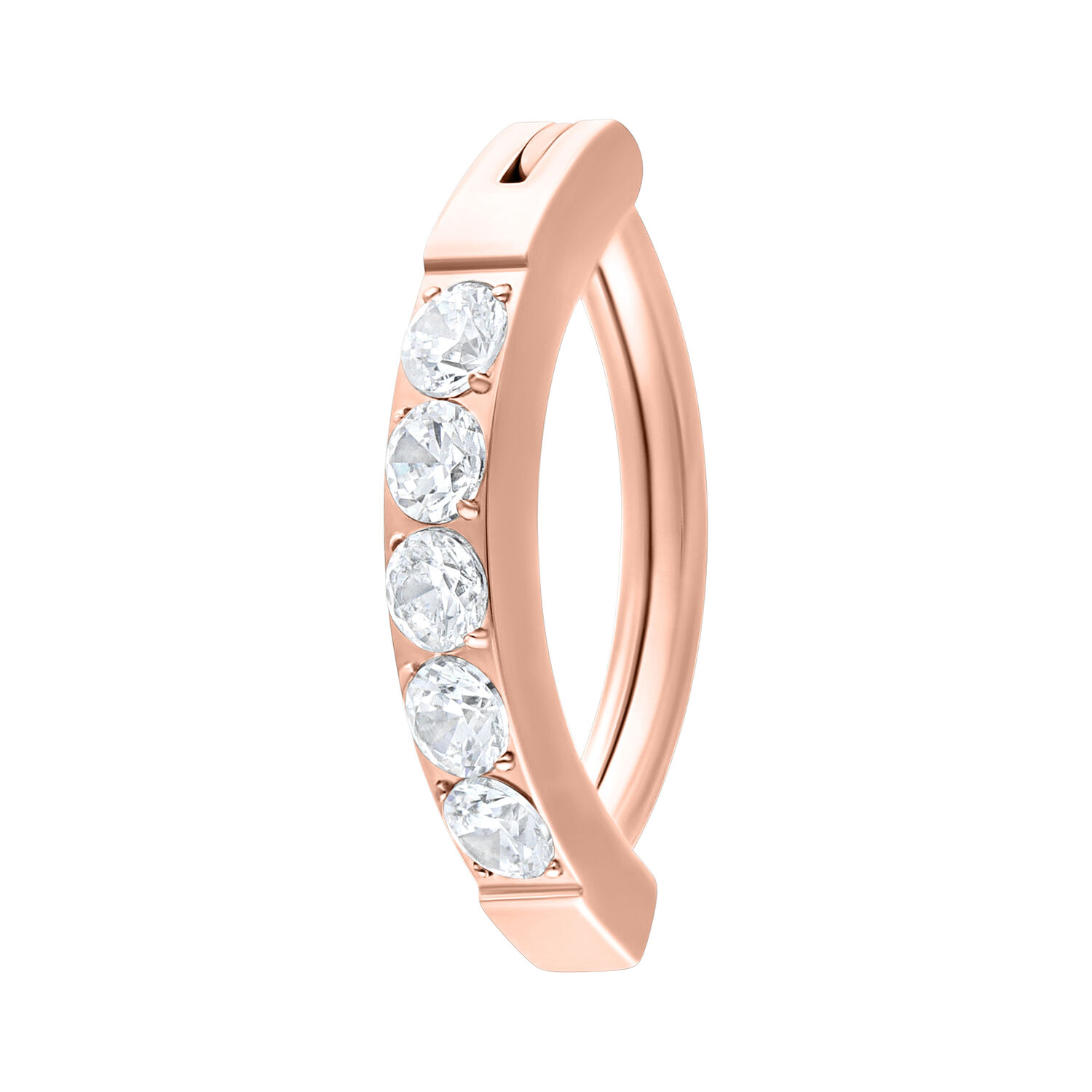 Clicker per ombelico in oro rosa con cinque cristalli chiari su sfondo bianco