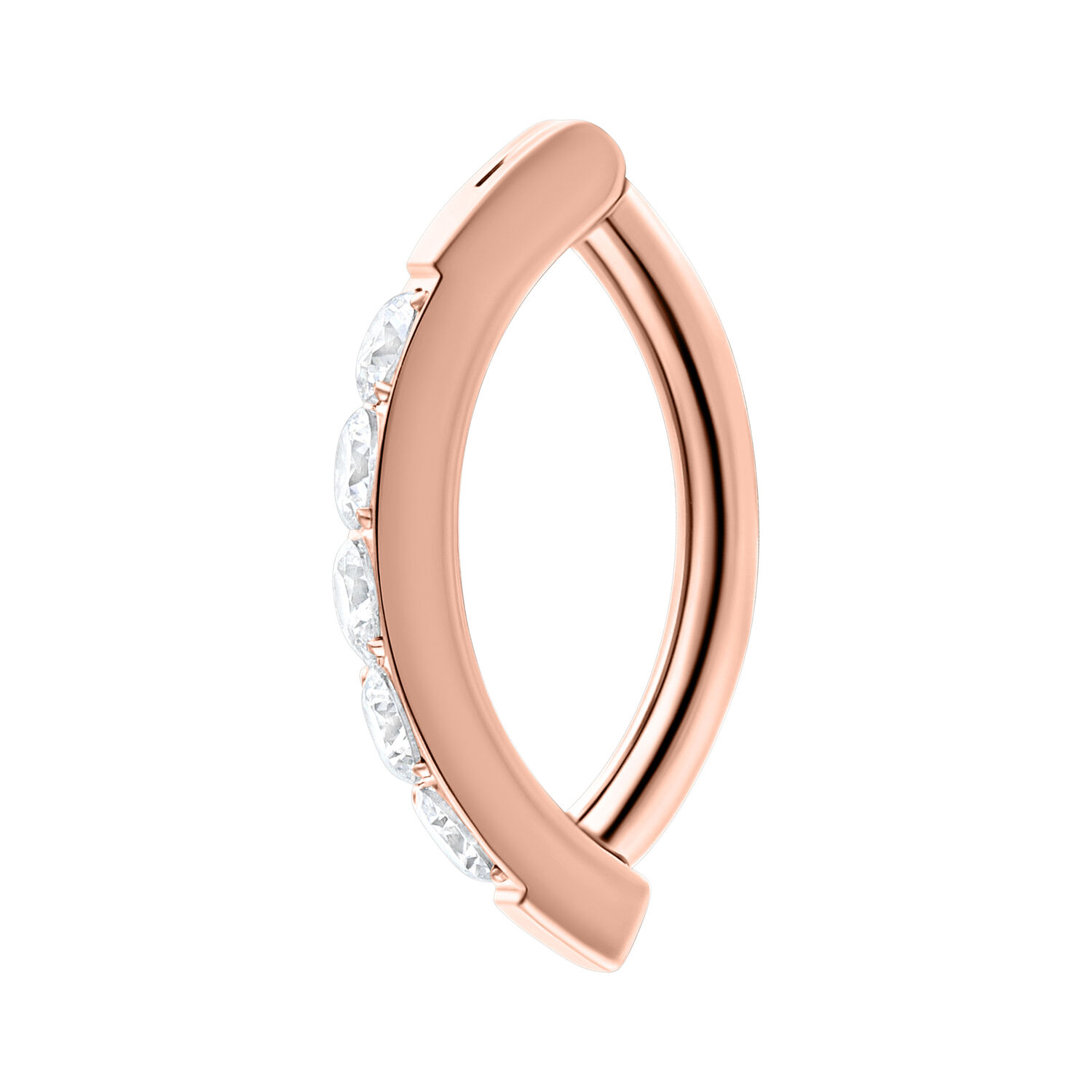 Clicker per ombelico in oro rosa con cristalli chiari su sfondo bianco