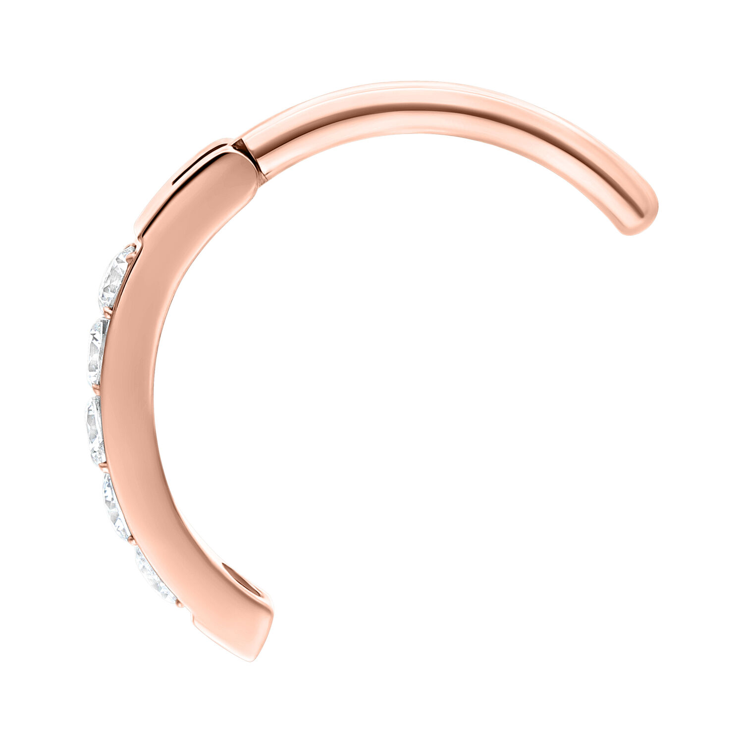 Clicker per ombelico in oro rosa con cristalli chiari su sfondo bianco