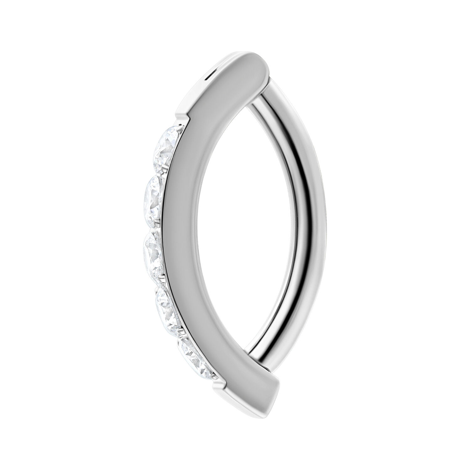 Clicker per ombelico in argento con cristalli chiari su sfondo bianco