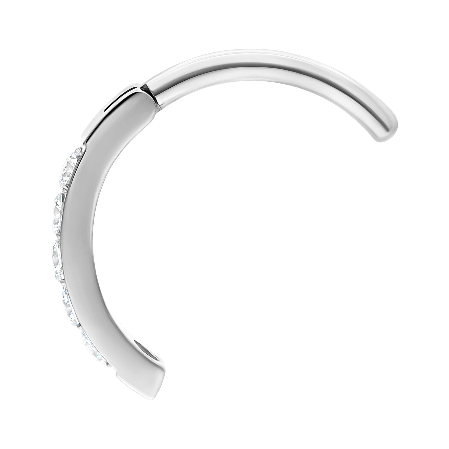 Clicker per ombelico in titanio argento con cristalli chiari su sfondo bianco