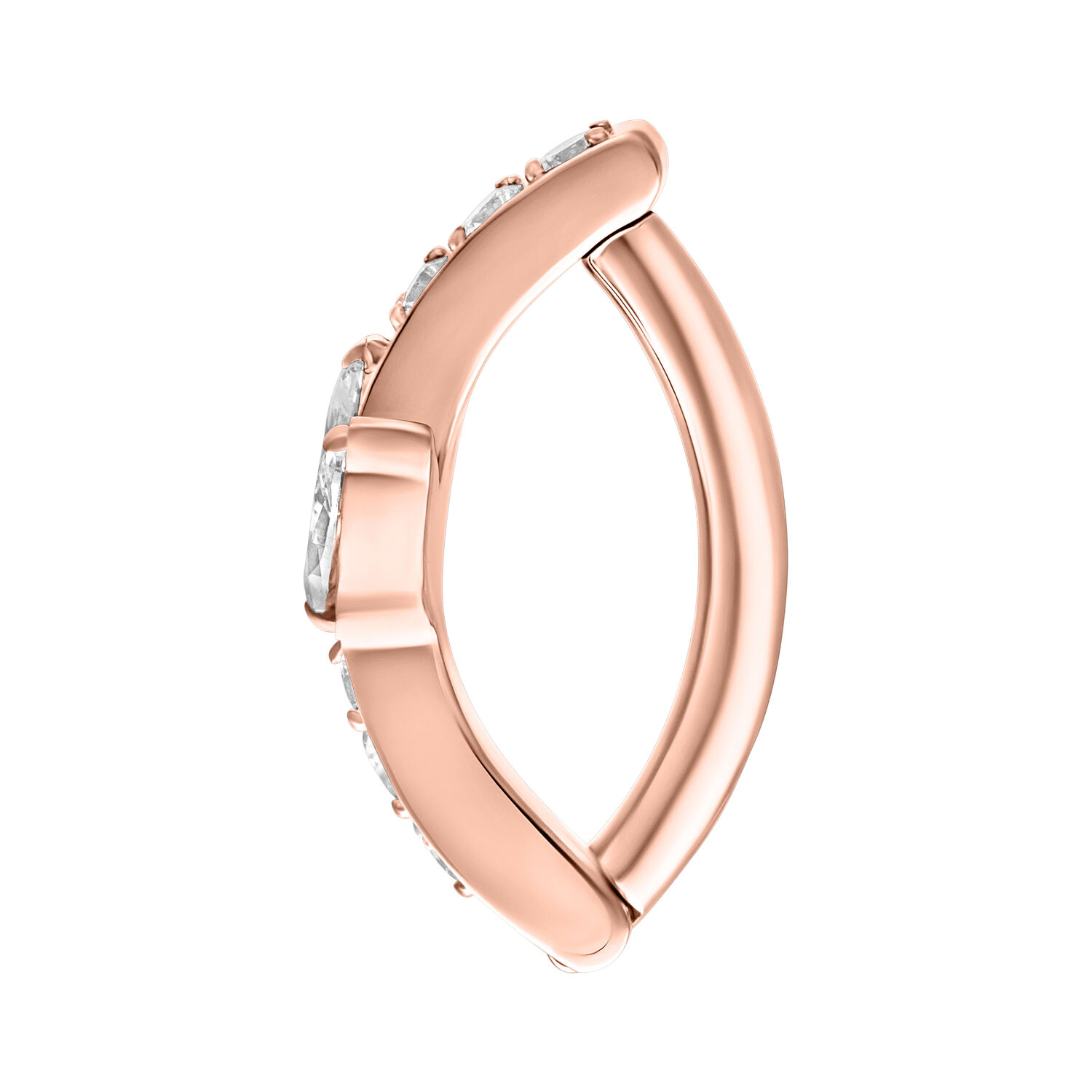 Clicker per ombelico in oro rosa con cristalli chiari su sfondo bianco