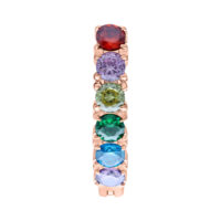 Clicker per ombelico in oro rosa con sette brillanti cristalli arcobaleno su sfondo bianco