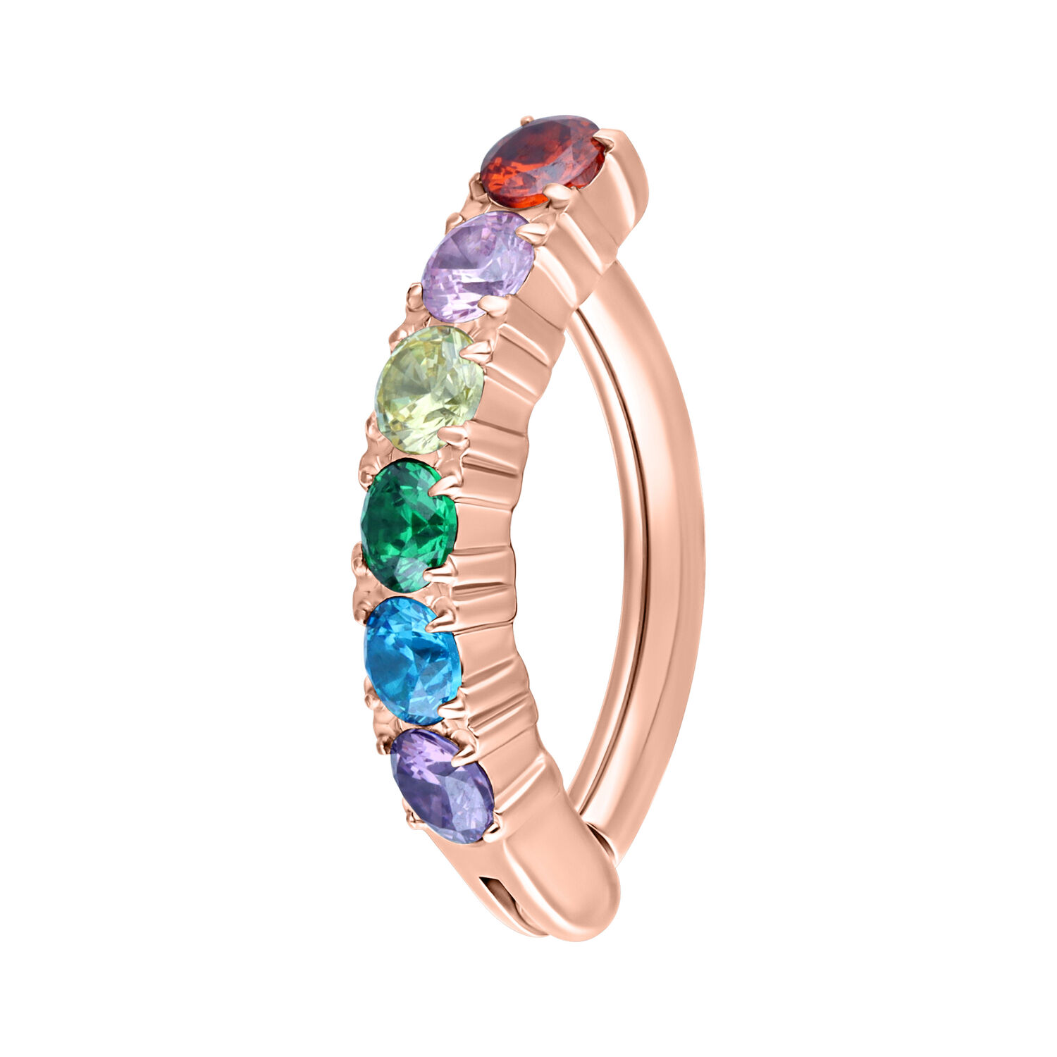 Clicker per ombelico in oro rosa con cristalli arcobaleno su sfondo bianco