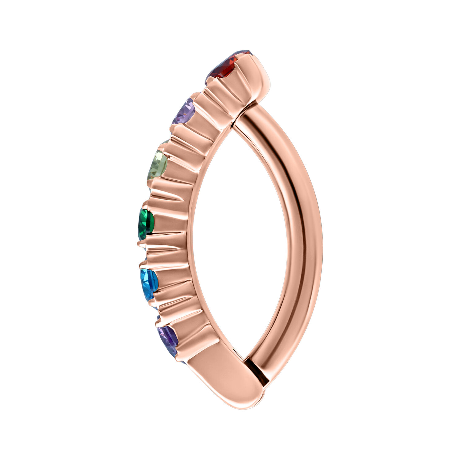 Clicker per ombelico in oro rosa con cristalli colorati su sfondo bianco