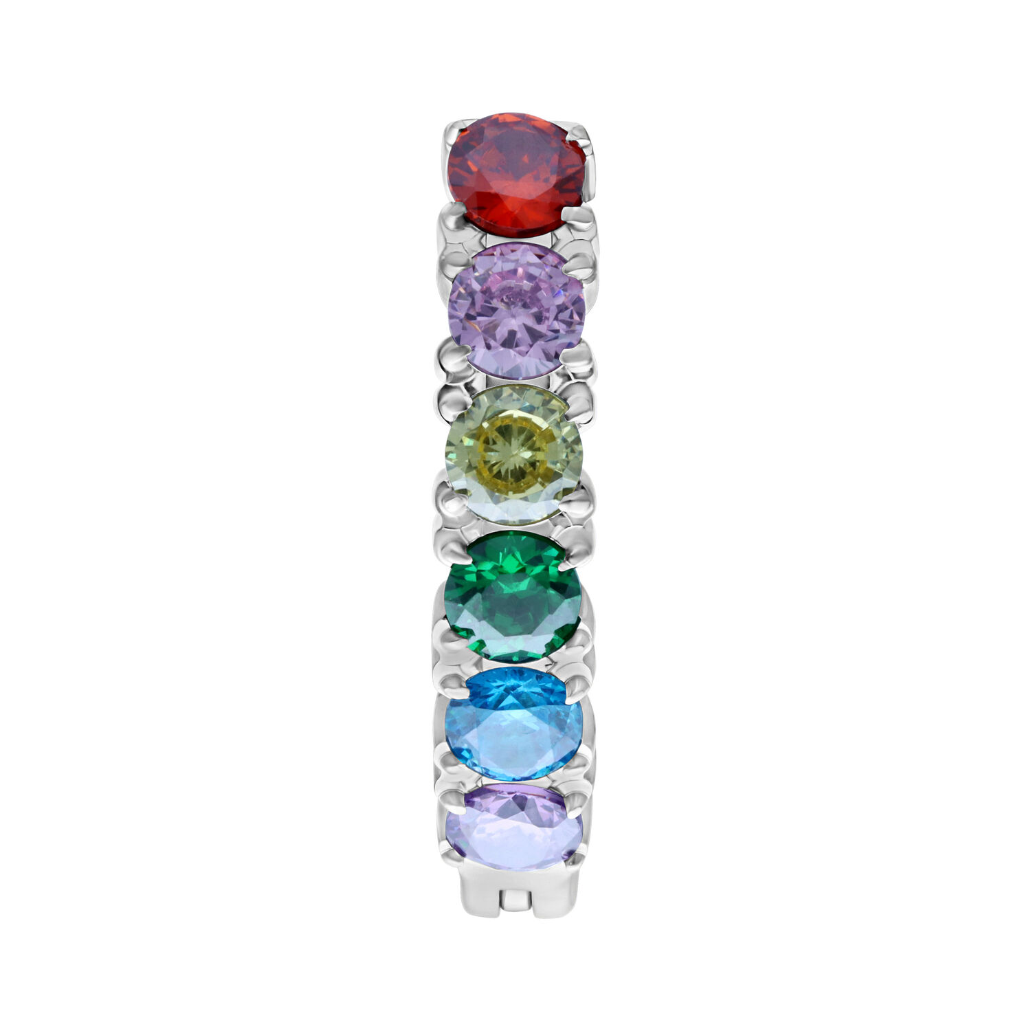 Clicker ombelico color argento con cristalli arcobaleno su sfondo bianco