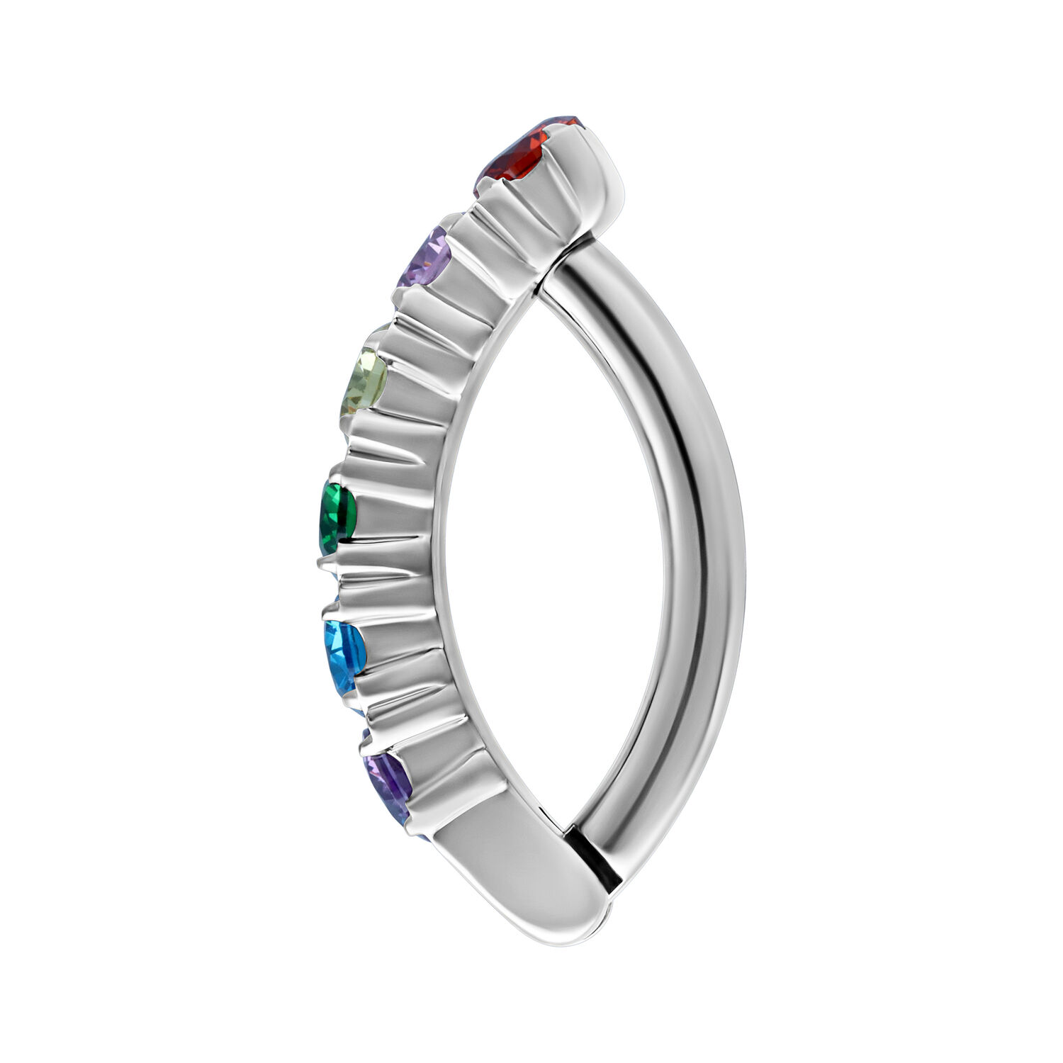 Clicker per ombelico argento con cristalli arcobaleno scintillanti su sfondo bianco