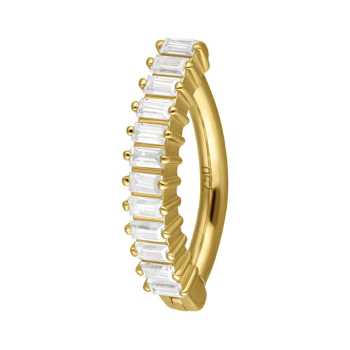 Clicker per ombelico dorato in oro 18K con cristalli baguette chiari su sfondo bianco