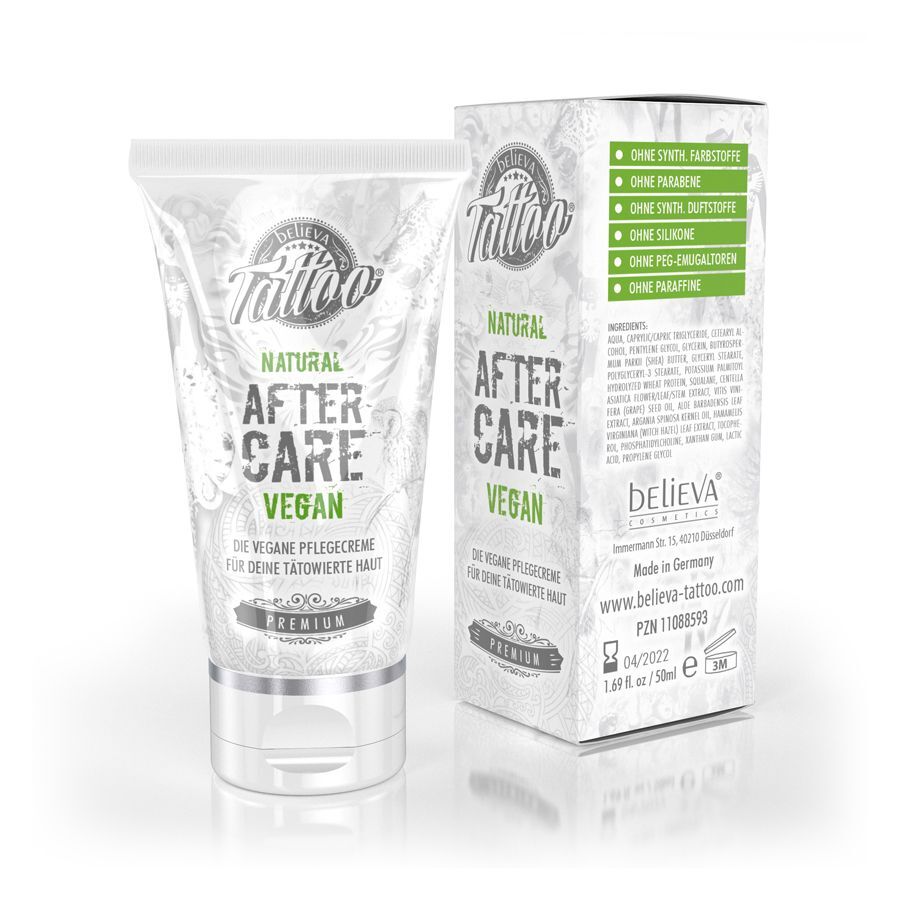 Believa Crema Cura Tattoo e confezione su sfondo bianco