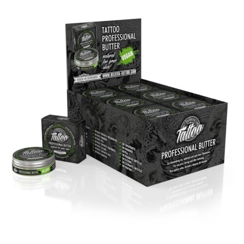 Believa Tattoo Butter in confezione da 35 ml, in confezione nera con dettagli verdi, su sfondo bianco