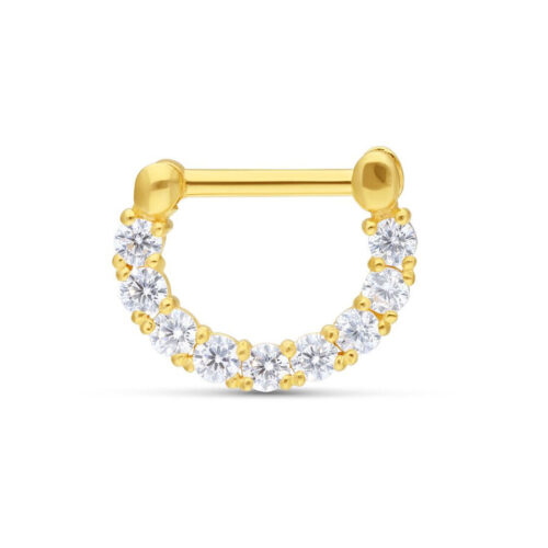 Clicker per septum in oro 18K con cristalli chiari su sfondo bianco
